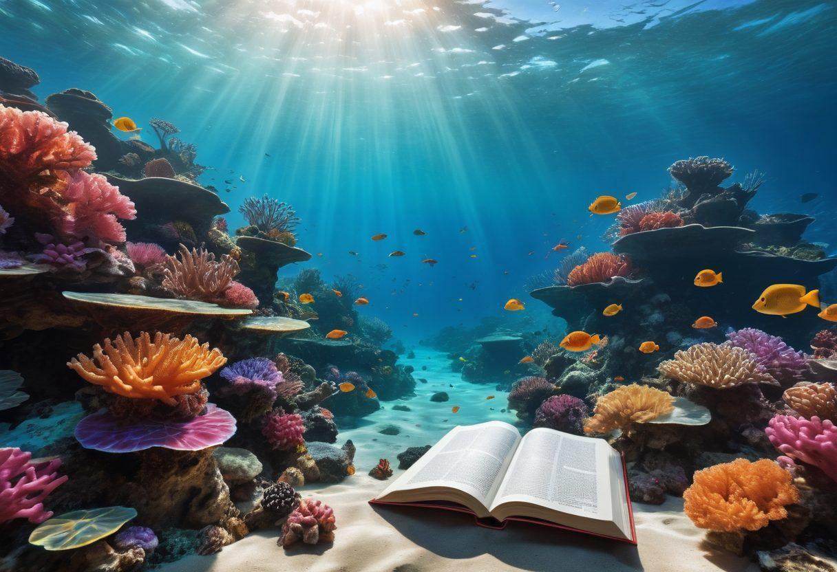 A serene underwater scene with glowing digital pages floating gently amidst colorful coral reefs, illuminated by soft sunlight filtering through the water's surface. Playful sea creatures are curiously interacting with these pages, creating a sense of wonder and exploration. Include hints of vibrant community symbols like chat bubbles and book icons subtly incorporated into the coral. super-realistic. vibrant colors. ethereal ambiance.