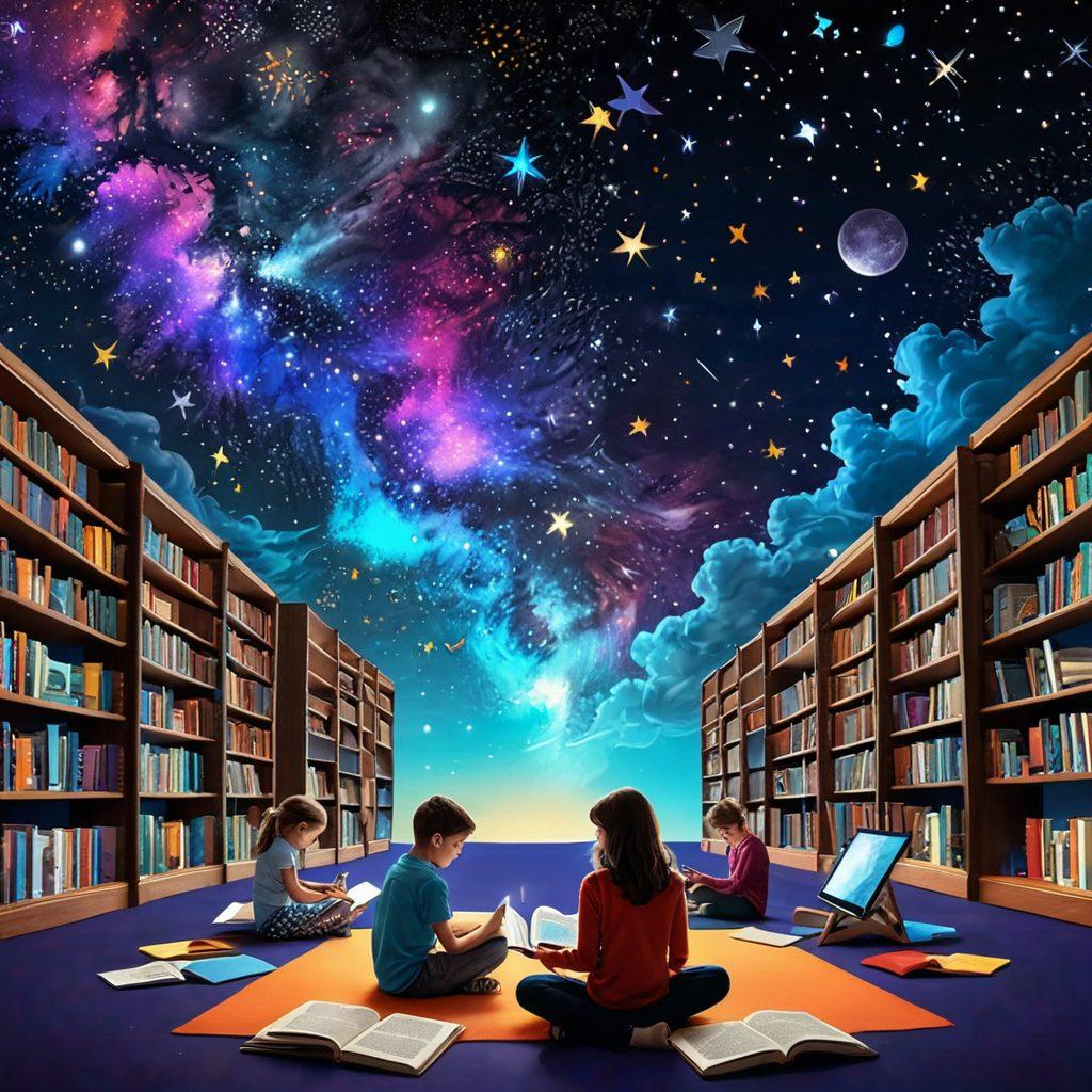 An inviting digital library filled with floating e-books, each glowing with vibrant colors and titles bursting with creativity. In the foreground, a diverse group of readers of all ages, engrossed in their devices, surrounded by whimsical graphics of classic literary characters. The backdrop features a dreamy, starry night sky symbolizing limitless exploration. super-realistic. vibrant colors. digital art.