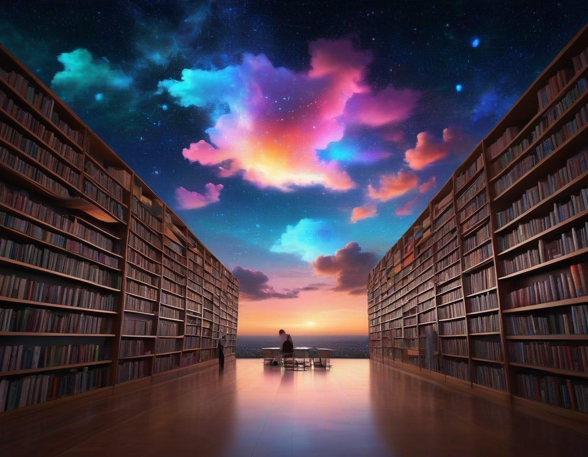 A dreamy digital landscape showcasing an enormous virtual library filled with colorful, floating books. In the foreground, diverse readers are joyfully sharing and downloading books from holographic screens. Shelves made of light stretch into the horizon, glowing with knowledge. The sky above is vibrant with binary code and digital clouds. super-realistic. vibrant colors. futuristic.